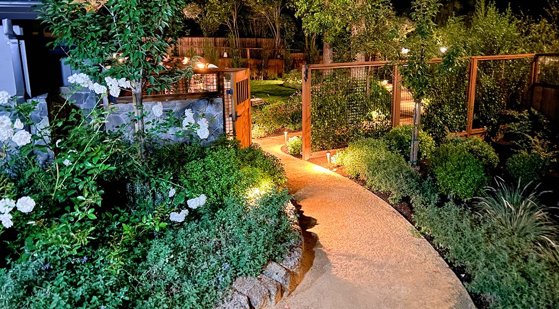 Night view of paved back yard with path lighting, fencing and plant beds